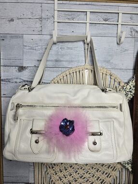 Y2K Marc Jacobs White Leather Shoulder Bag with Pink Pom and Blue Sequin Detail